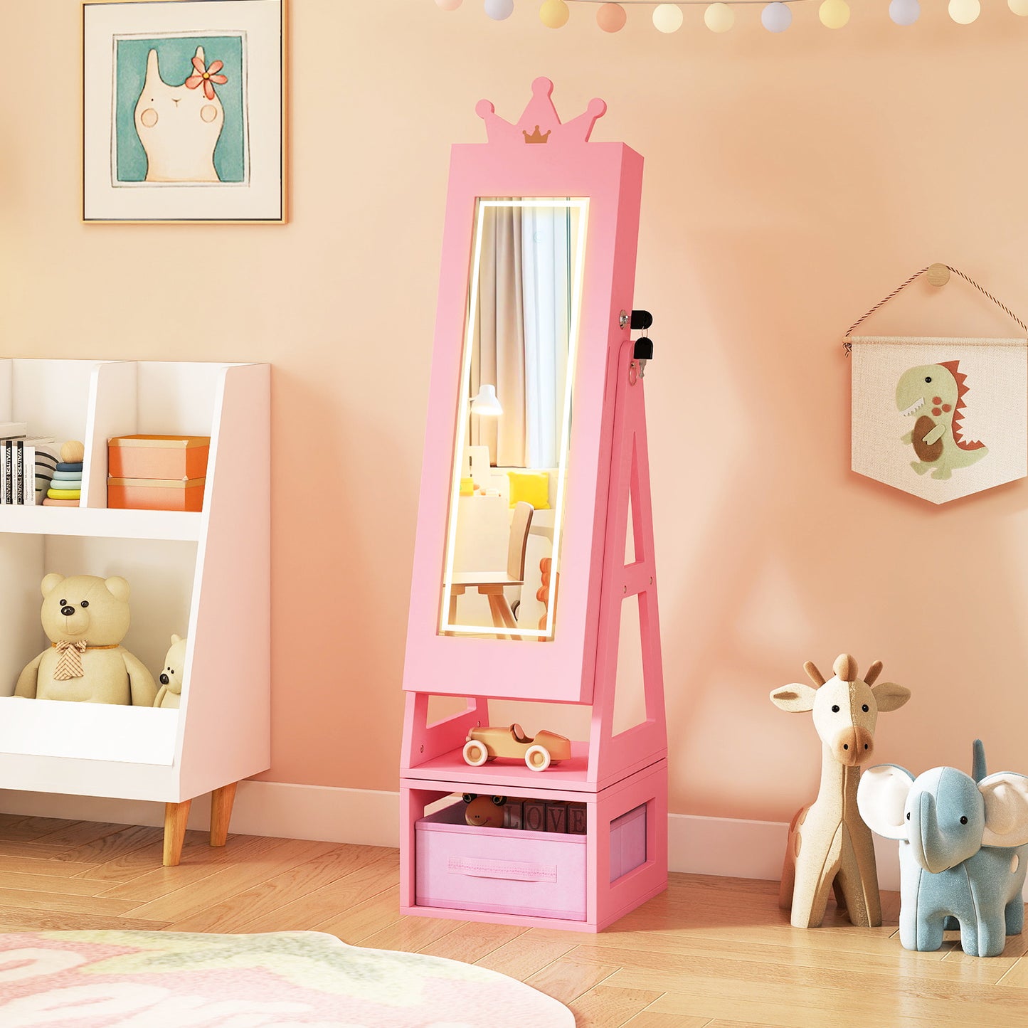 3 In 1 Kids Jewelry Cabinet with 3-Color Lighted Full Length Mirror-Pink