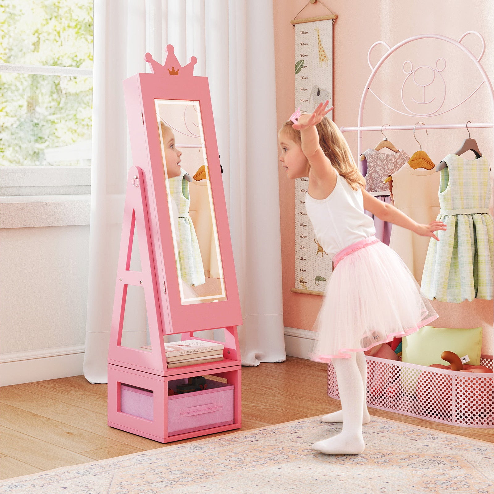 3 In 1 Kids Jewelry Cabinet with 3-Color Lighted Full Length Mirror-Pink
