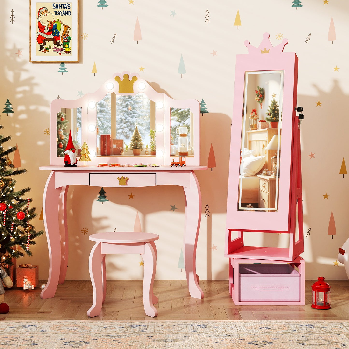 3 In 1 Kids Jewelry Cabinet with 3-Color Lighted Full Length Mirror-Pink