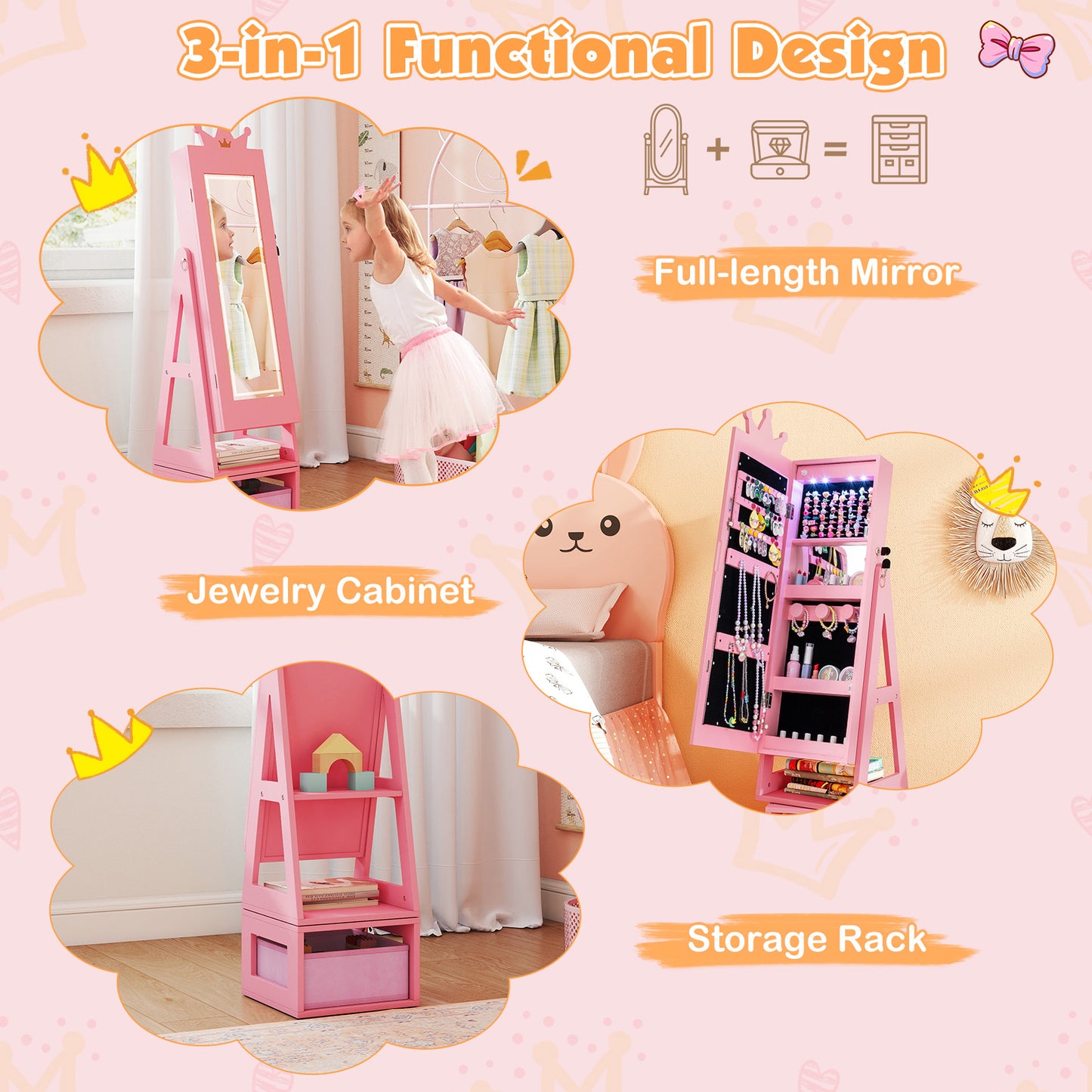 3 In 1 Kids Jewelry Cabinet with 3-Color Lighted Full Length Mirror-Pink