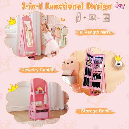 3 In 1 Kids Jewelry Cabinet with 3-Color Lighted Full Length Mirror-Pink