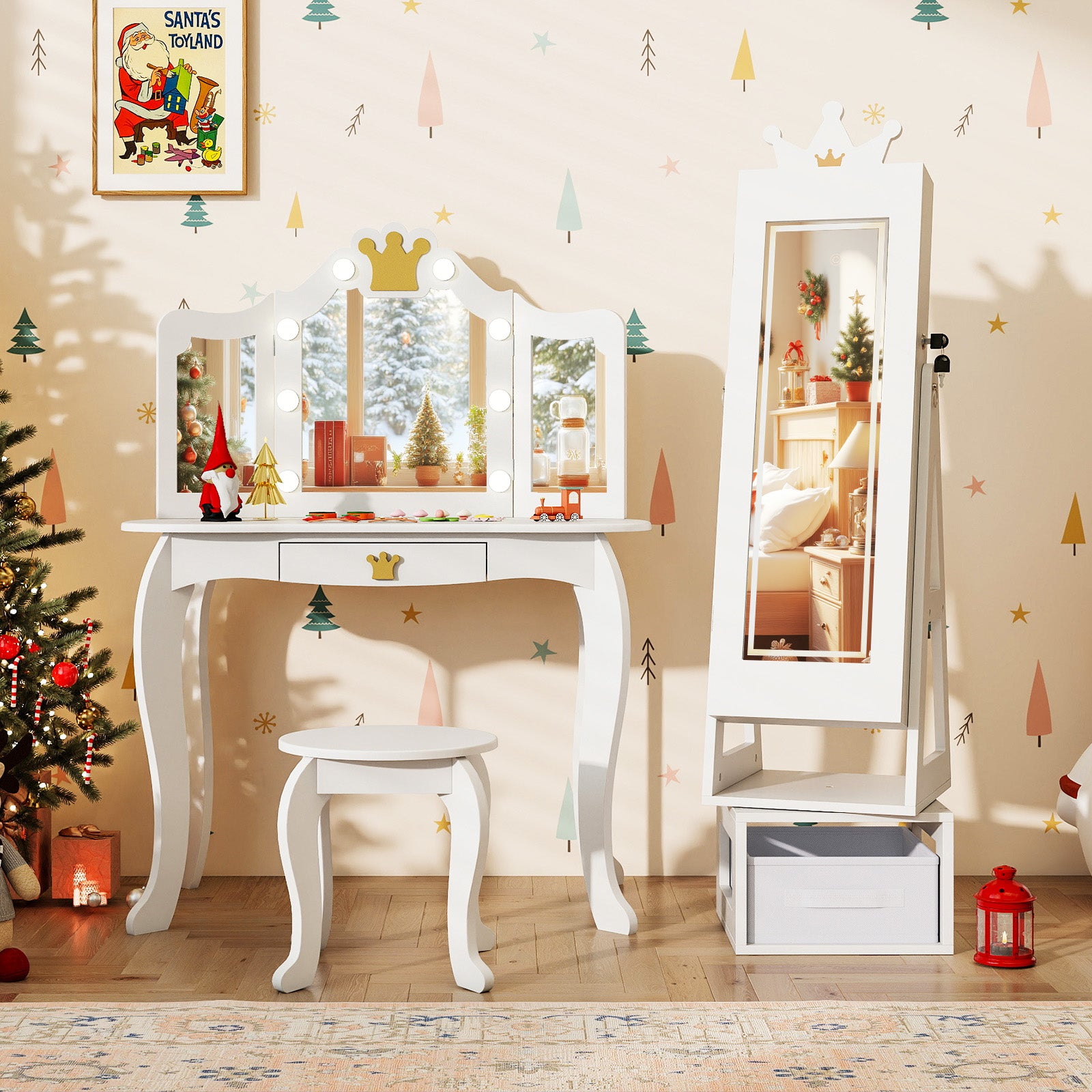 3 In 1 Kids Jewelry Cabinet with 3-Color Lighted Full Length Mirror-White