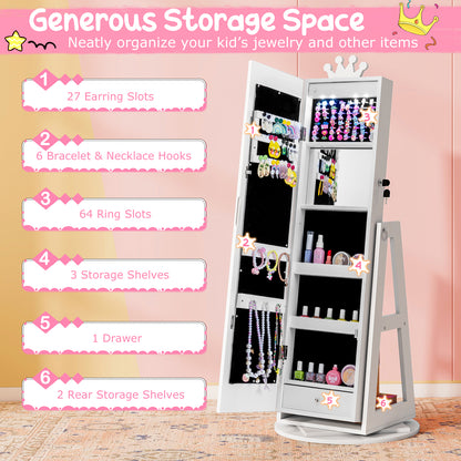 3 In 1 Kids Jewelry Cabinet with 3-Color Lighted Full Length Mirror and Internal Mirror-White