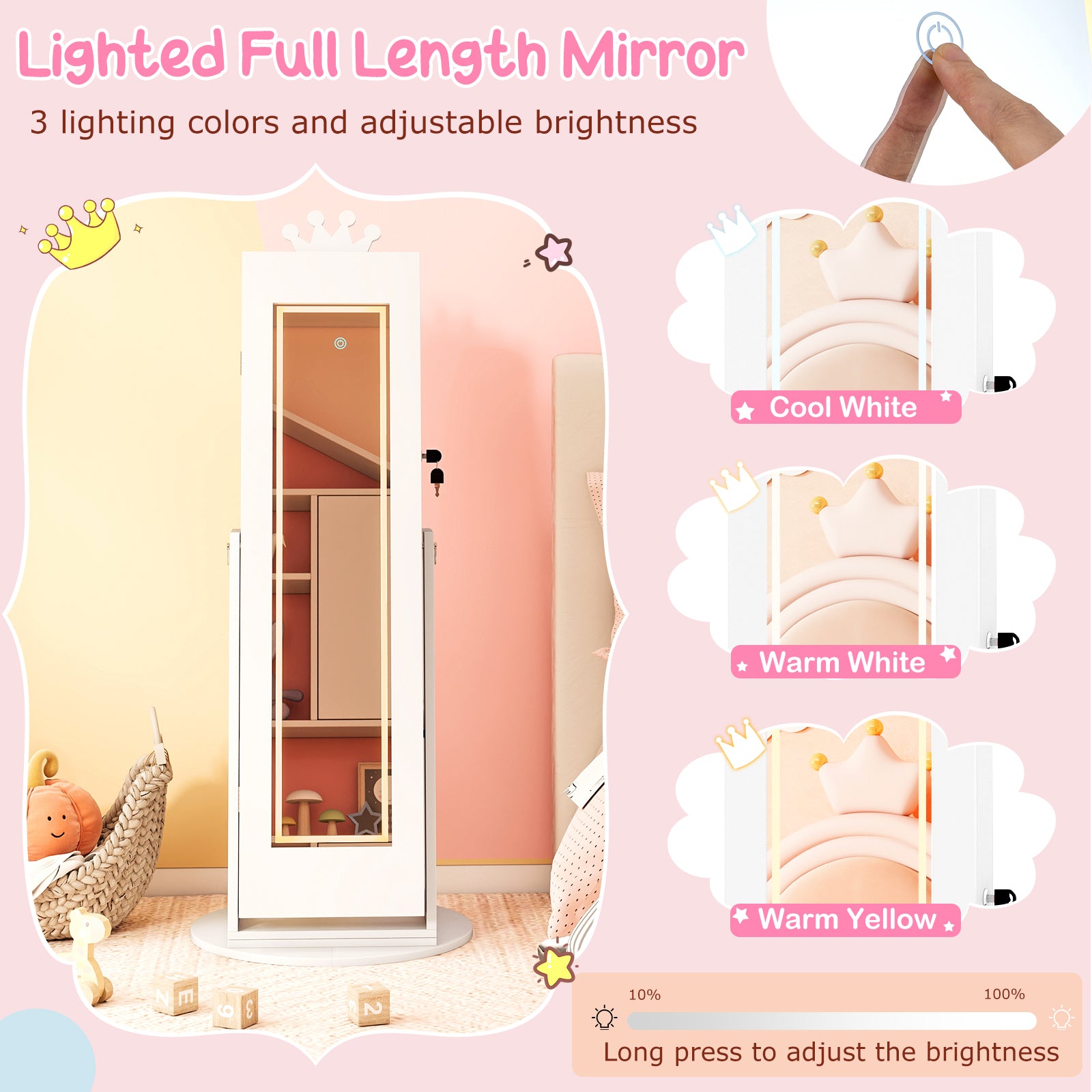 3 In 1 Kids Jewelry Cabinet with 3-Color Lighted Full Length Mirror and Internal Mirror-White