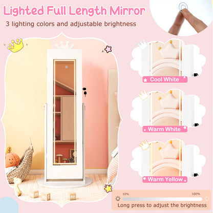 3 In 1 Kids Jewelry Cabinet with 3-Color Lighted Full Length Mirror and Internal Mirror-White