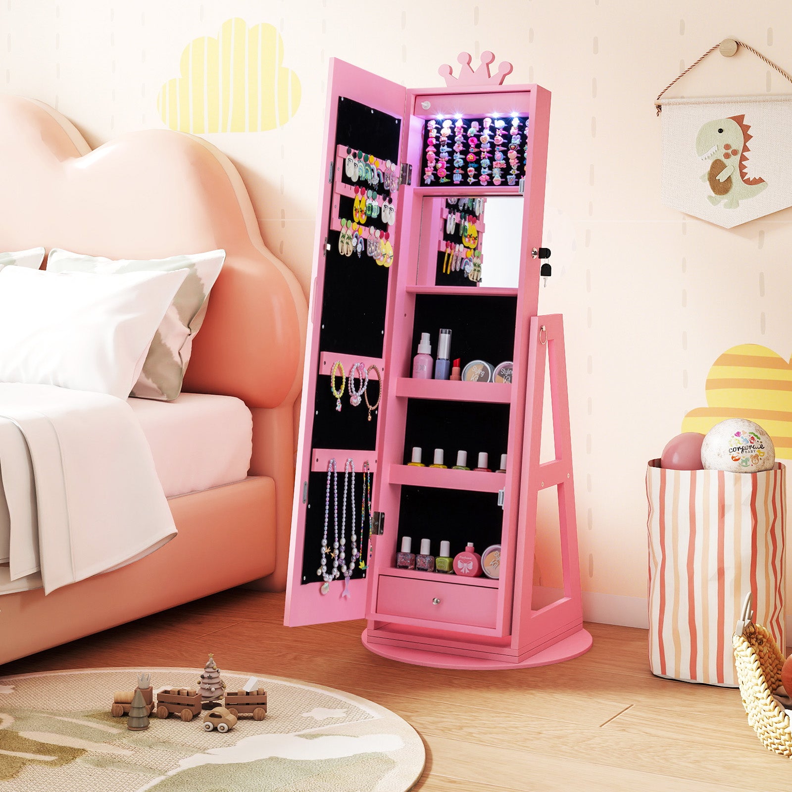 3 In 1 Kids Jewelry Cabinet with 3-Color Lighted Full Length Mirror and Internal Mirror-Pink