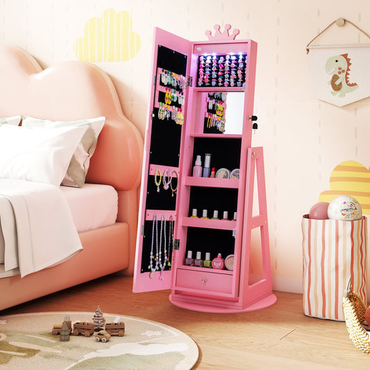 3 In 1 Kids Jewelry Cabinet with 3-Color Lighted Full Length Mirror and Internal Mirror-Pink