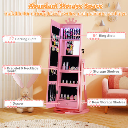 3 In 1 Kids Jewelry Cabinet with 3-Color Lighted Full Length Mirror and Internal Mirror-Pink