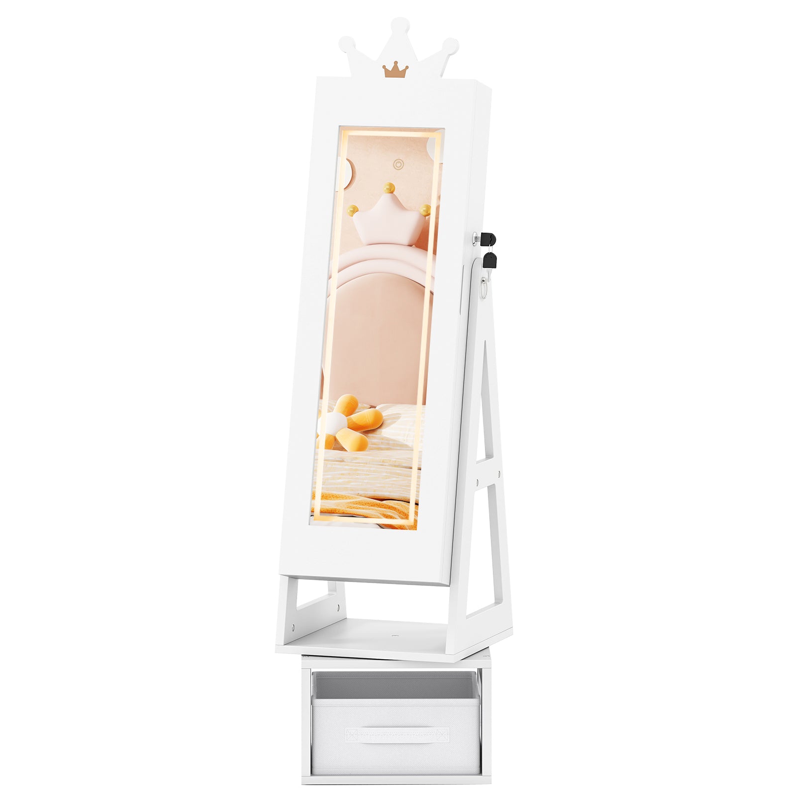 3 In 1 Kids Jewelry Cabinet with 3-Color Lighted Full Length Mirror-White