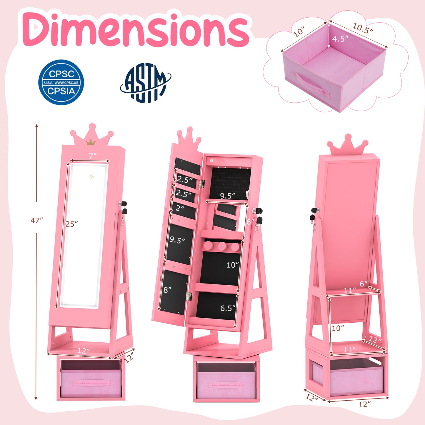 3 In 1 Kids Jewelry Cabinet with 3-Color Lighted Full Length Mirror-Pink