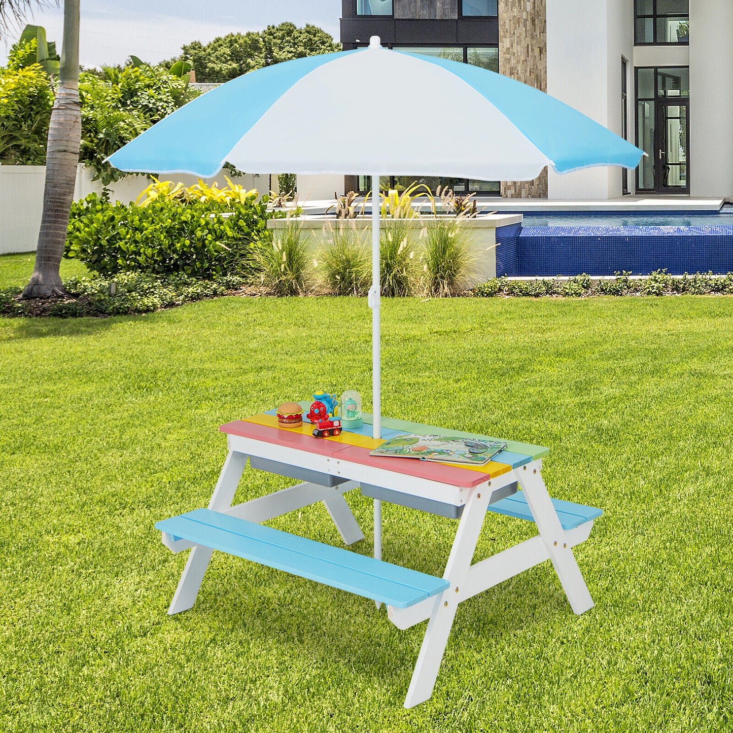3-in-1 Kids Outdoor Picnic Water Sand Table with
