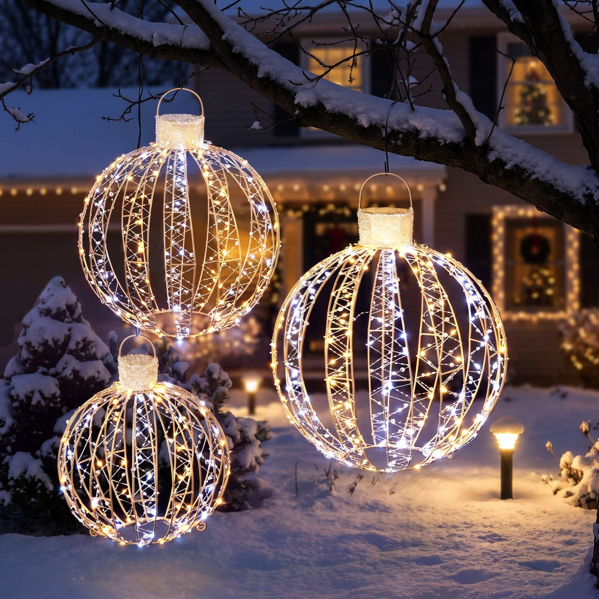 3 Pack Christmas LED Lighted Balls with 180 Cold White and 180 Warm White Lights
