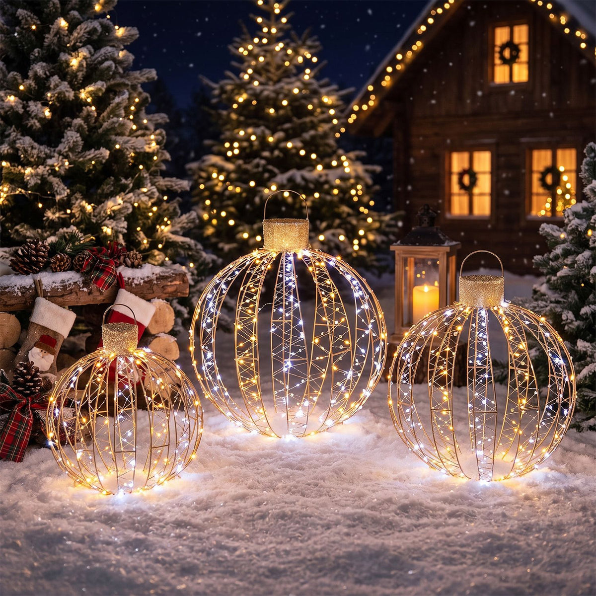 3 Pack Christmas LED Lighted Balls with 180 Cold White and 180 Warm White Lights