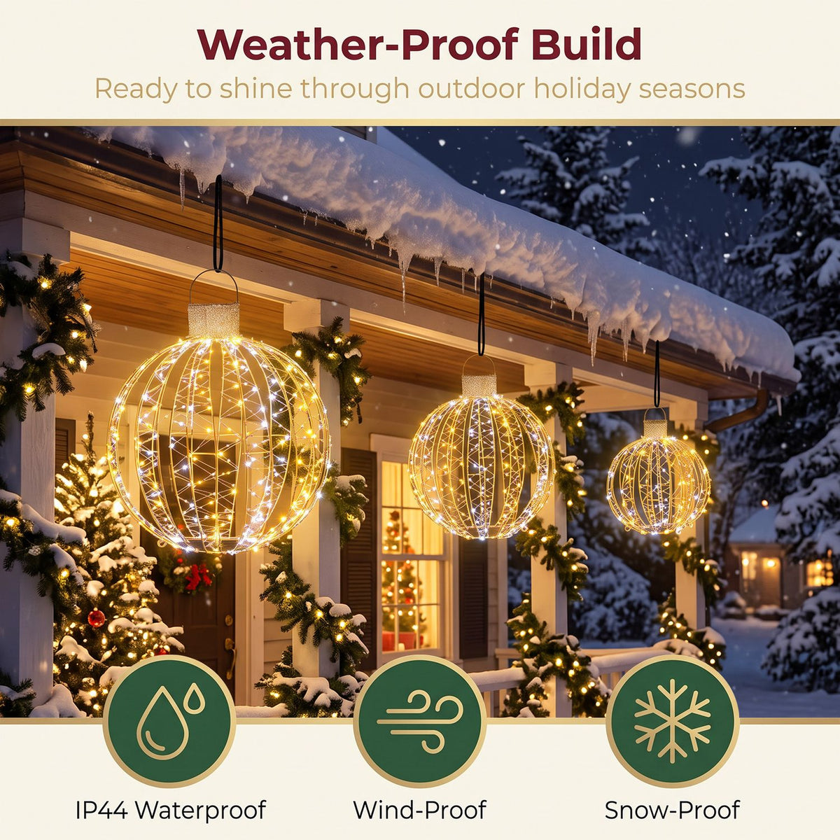 3 Pack Christmas LED Lighted Balls with 180 Cold White and 180 Warm White Lights