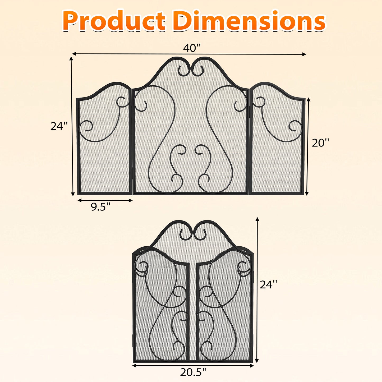 3 Panel Fireplace Screen Foldable Spark Guard Cover with Decorative Scroll
