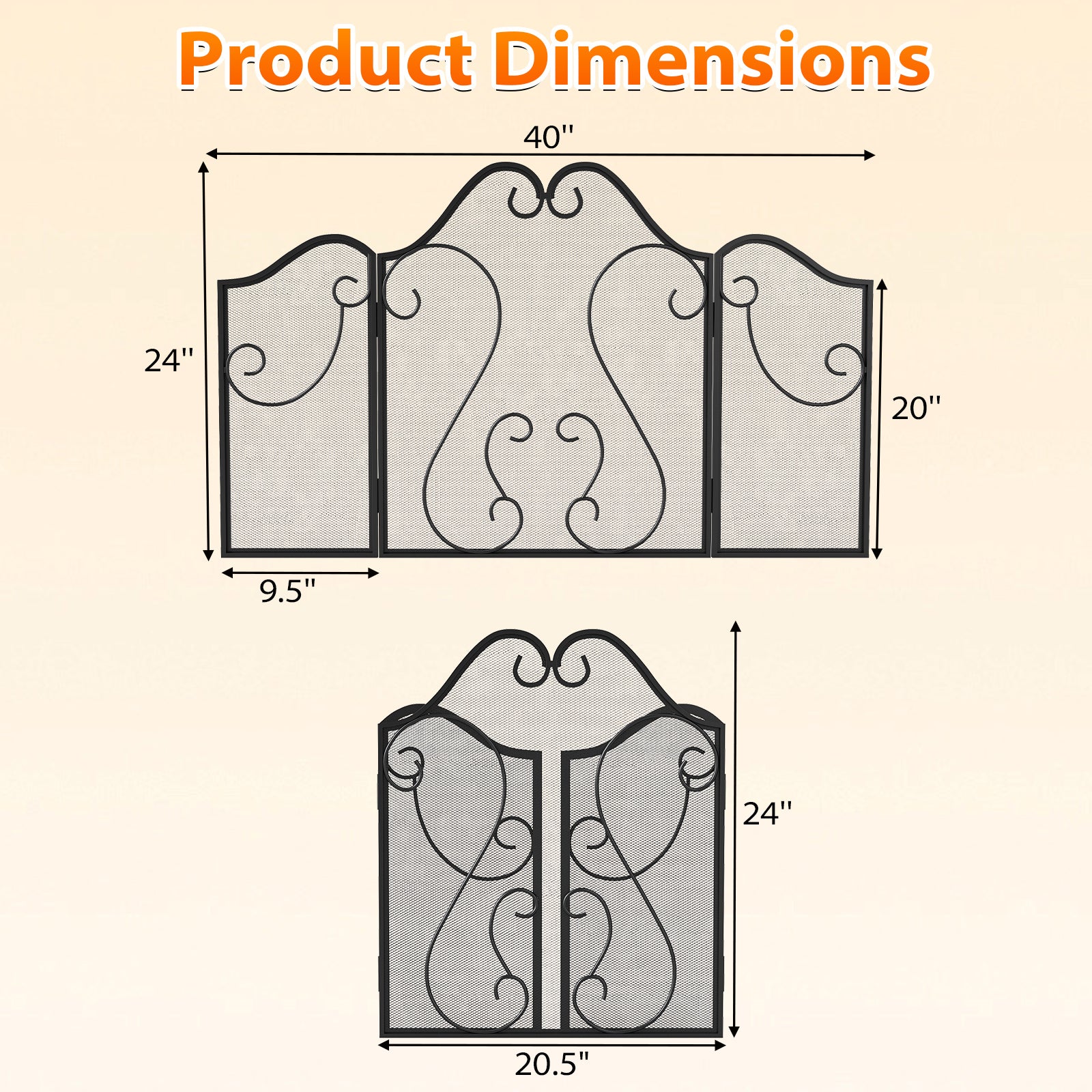 3 Panel Fireplace Screen Foldable Spark Guard Cover with Decorative Scroll