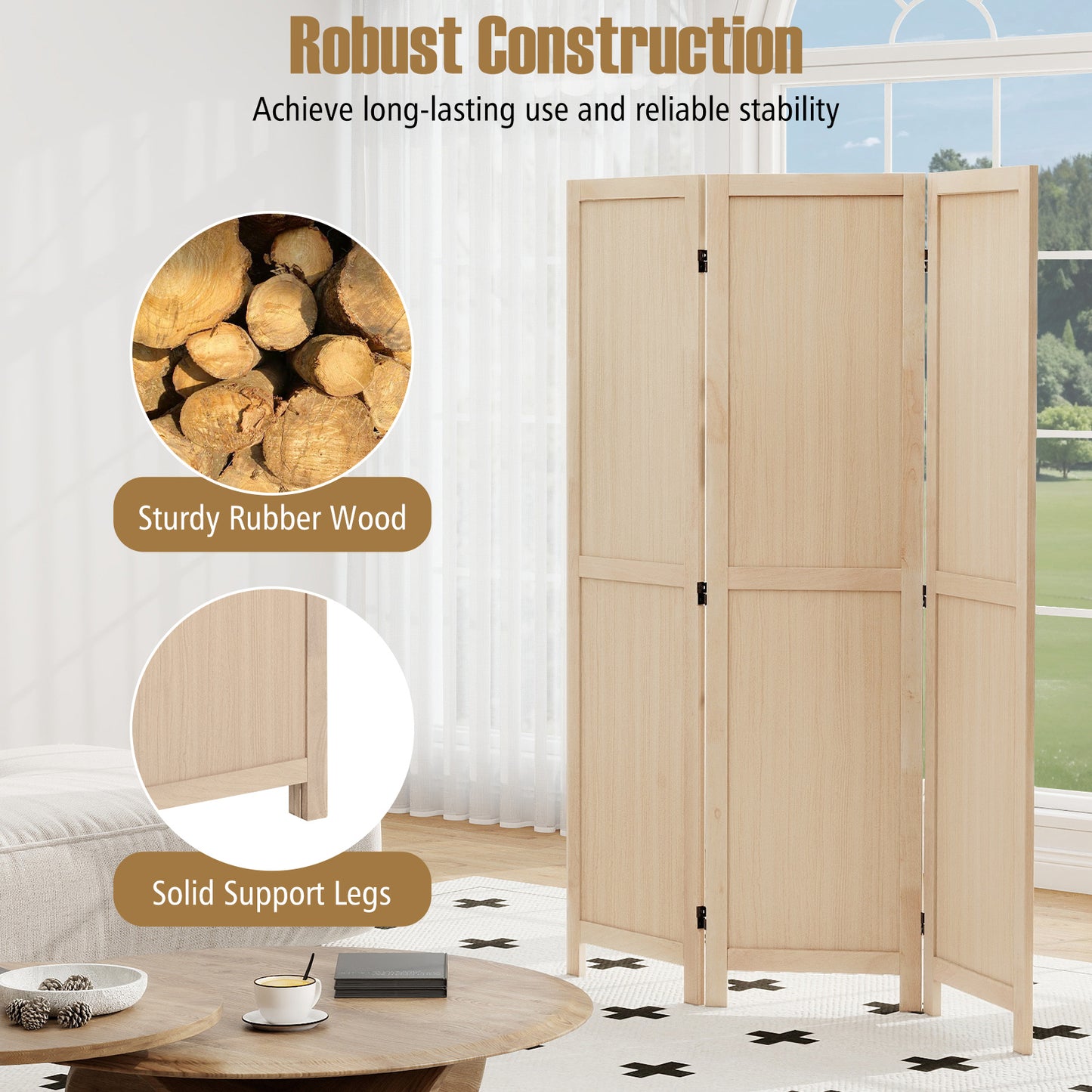 3 Panel Folding Room Divider for Home Office Bedroom Restaurant-Beige