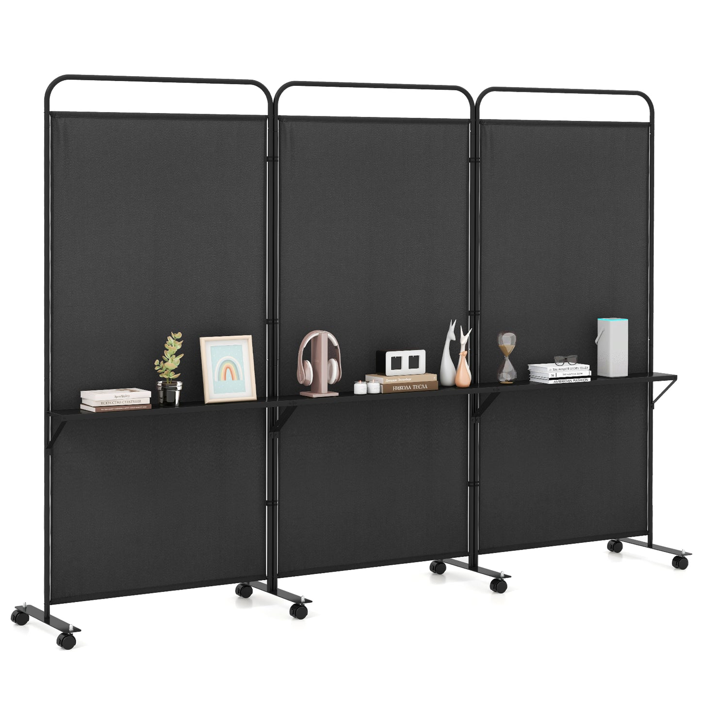 3-Panel Folding Room Divider with 3 Metal Shelves and Lockable Wheels-Brown - Black