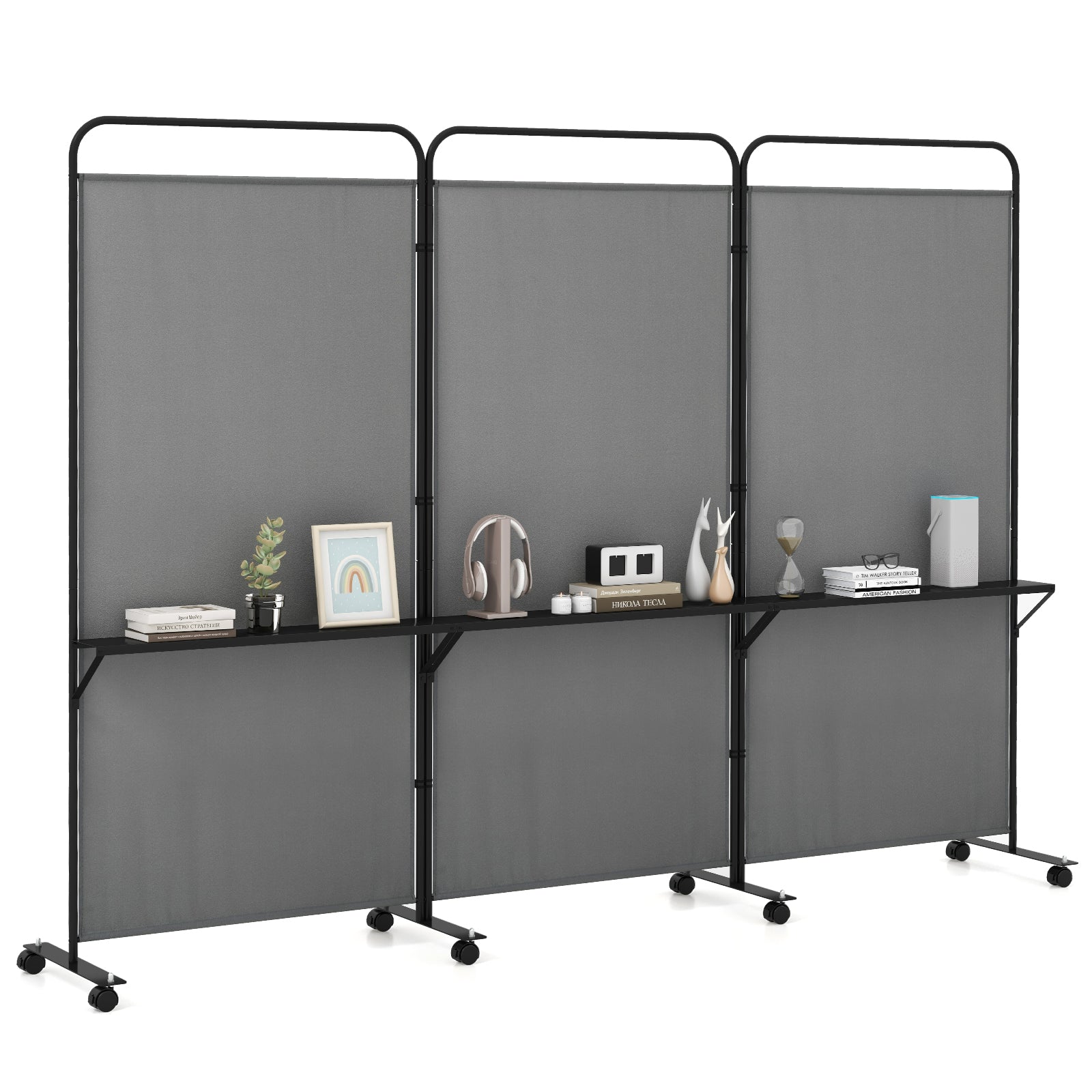 3-Panel Folding Room Divider with 3 Metal Shelves and Lockable Wheels-Brown - Gray