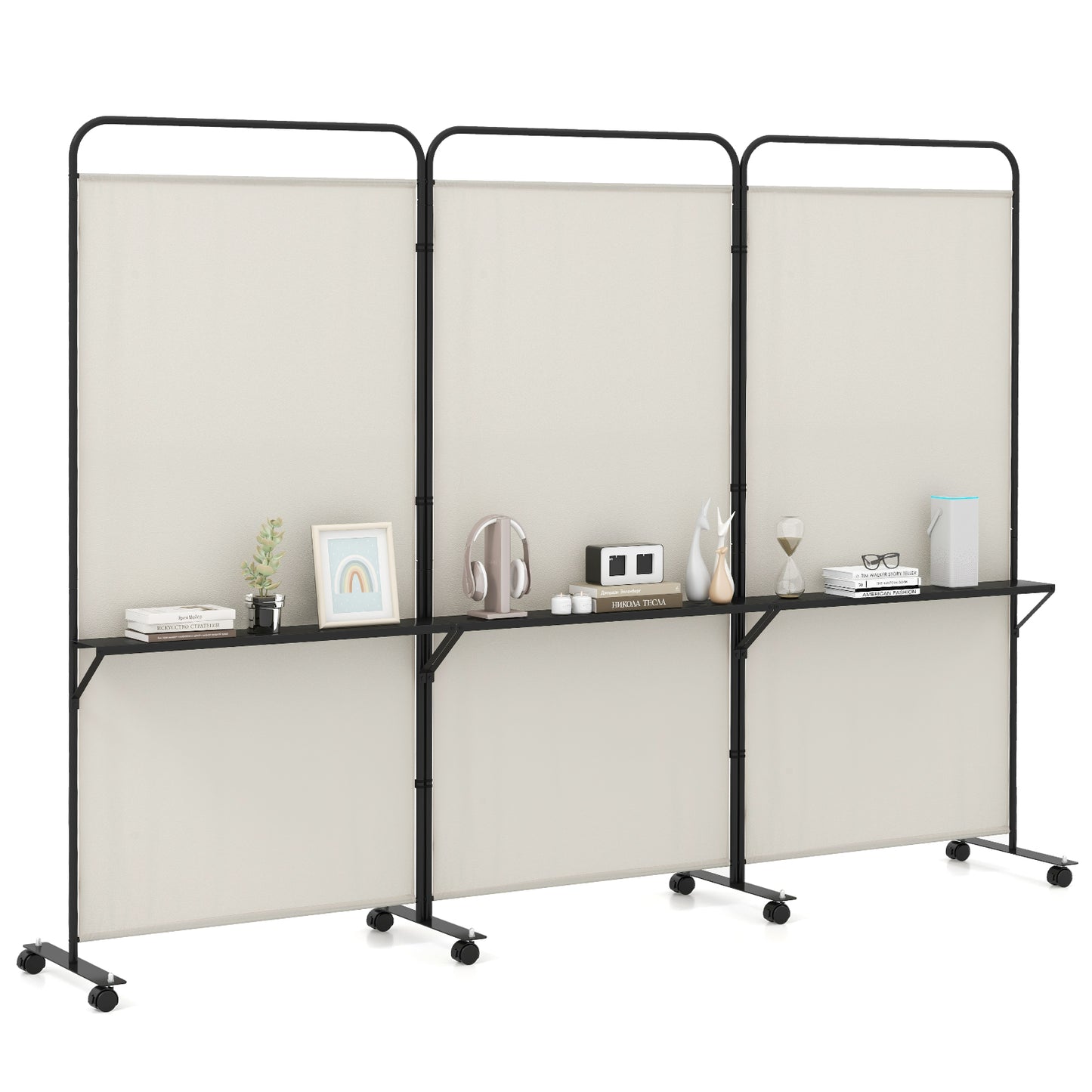 3-Panel Folding Room Divider with 3 Metal Shelves and Lockable Wheels-Brown - White