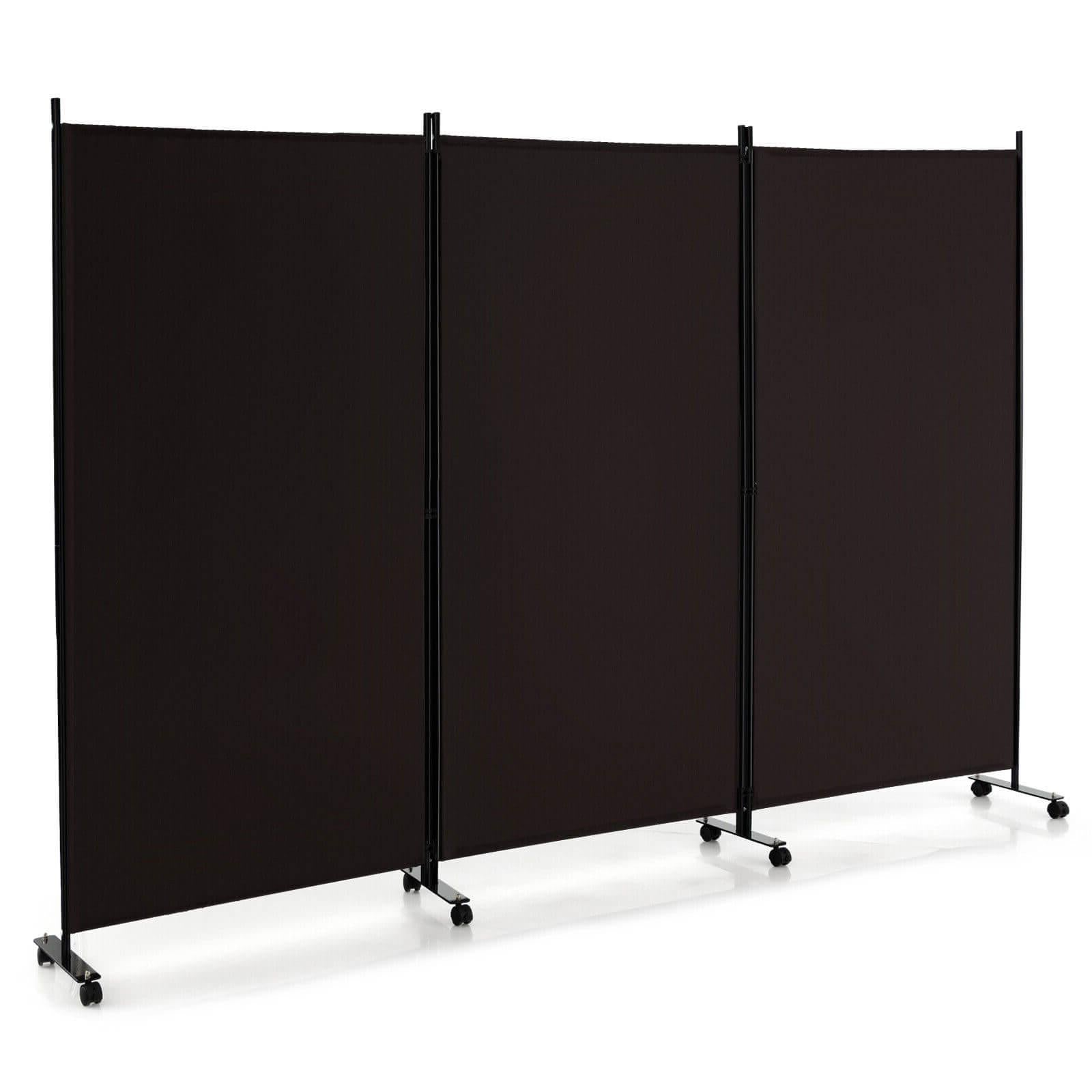 3 Panel Folding Room Divider with Lockable Wheels-Black - Brown