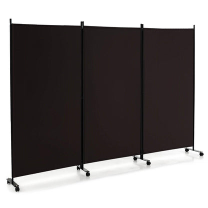 3 Panel Folding Room Divider with Lockable Wheels-Black - Brown