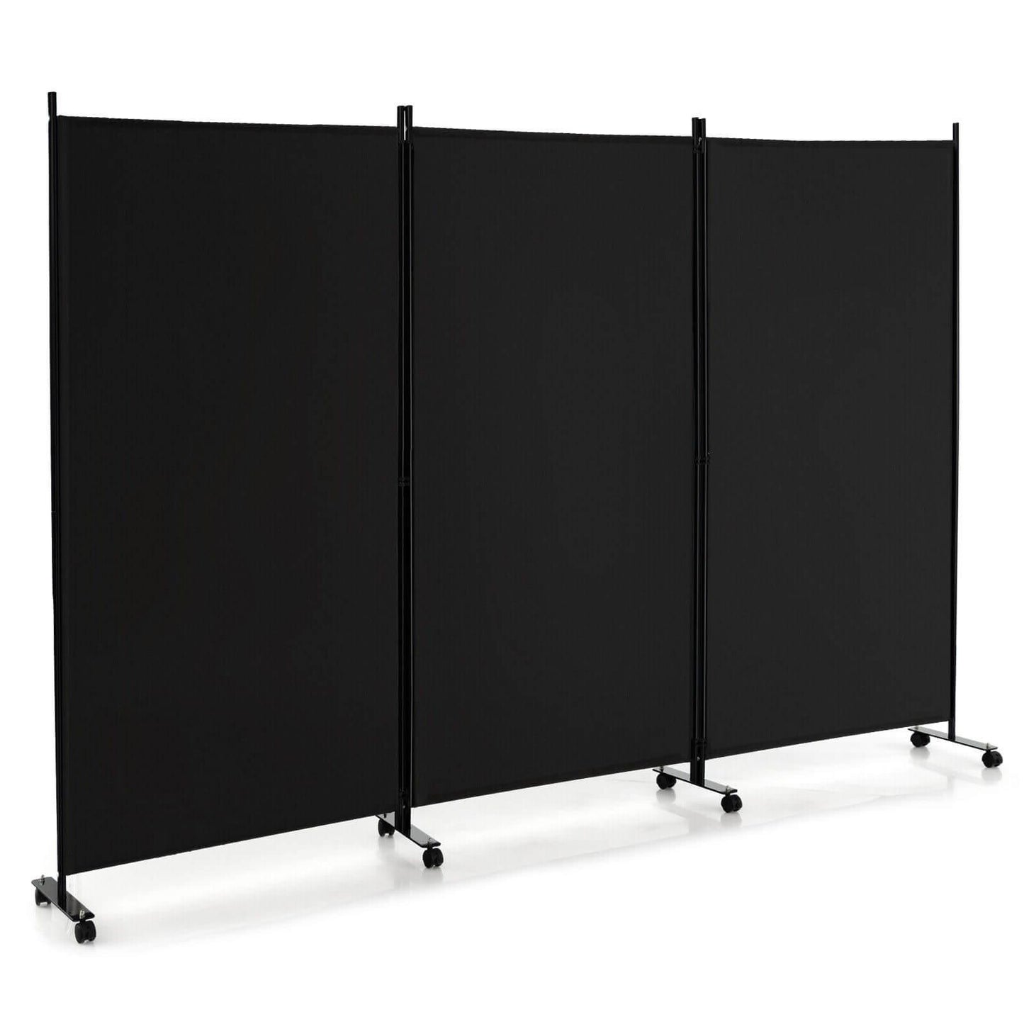 3 Panel Folding Room Divider with Lockable Wheels-Black - Black
