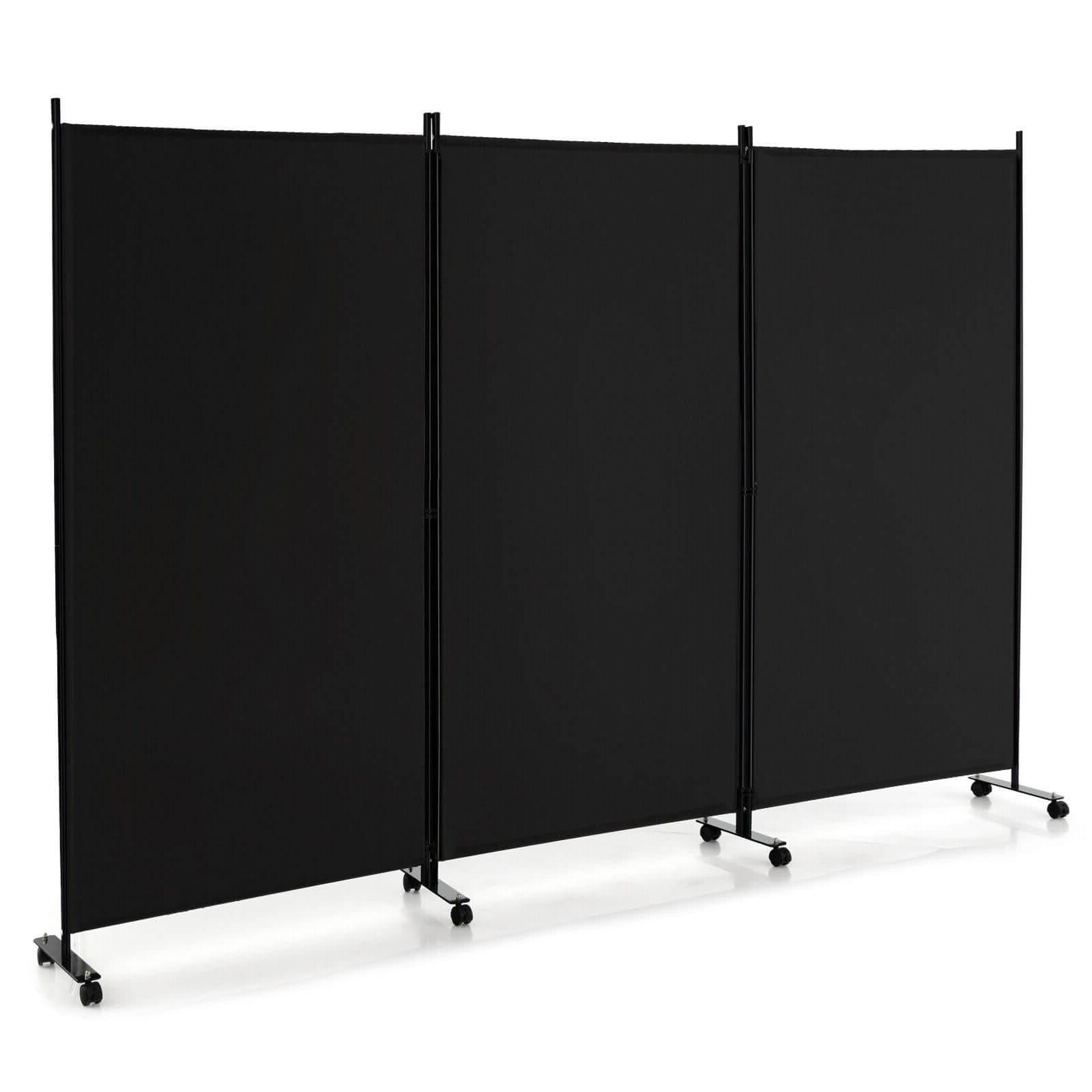 3 Panel Folding Room Divider with Lockable Wheels-Black - Black