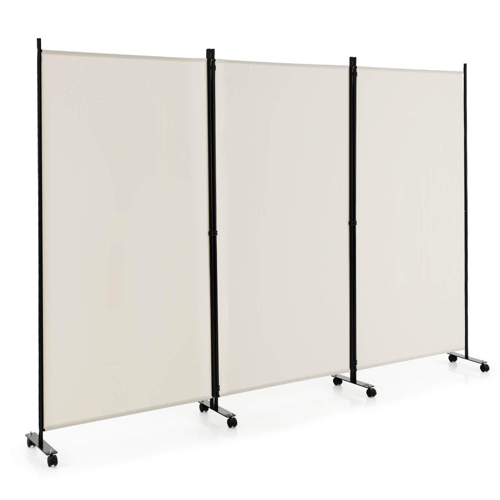 3 Panel Folding Room Divider with Lockable Wheels-Black - White