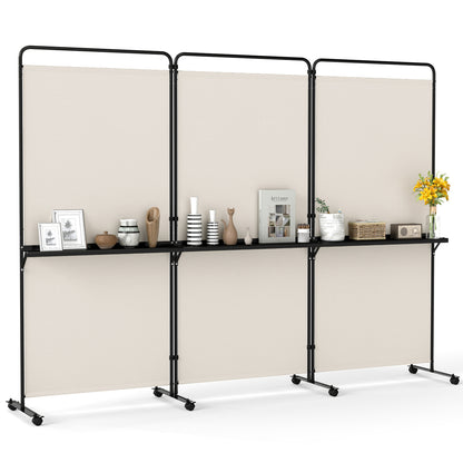 3-Panel Room Divider with Shelves 6 FT Tall Folding Privacy Screen with Lockable Wheels