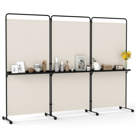 3-Panel Room Divider with Shelves 6 FT Tall Folding Privacy Screen with Lockable Wheels