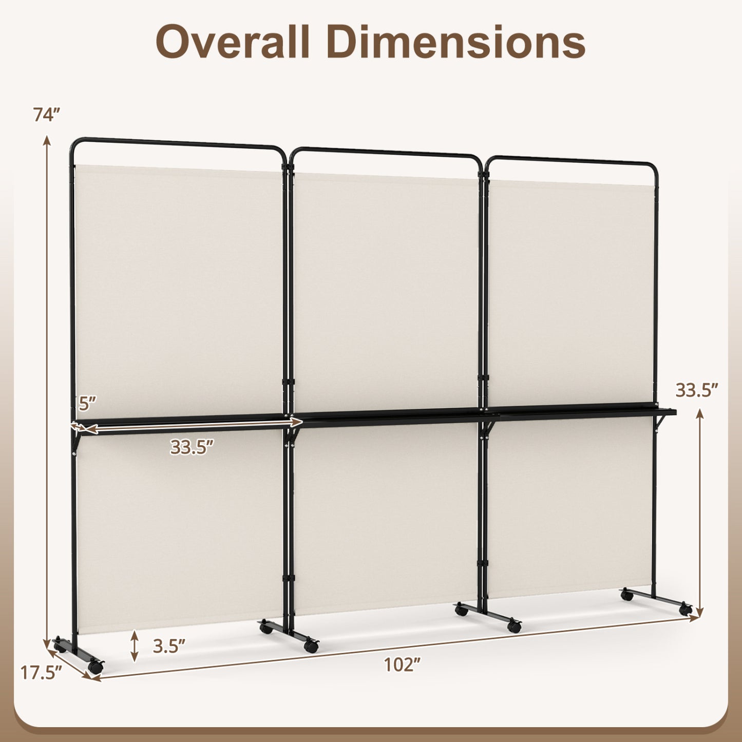 3-Panel Room Divider with Shelves 6 FT Tall Folding Privacy Screen with Lockable Wheels