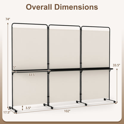 3-Panel Room Divider with Shelves 6 FT Tall Folding Privacy Screen with Lockable Wheels
