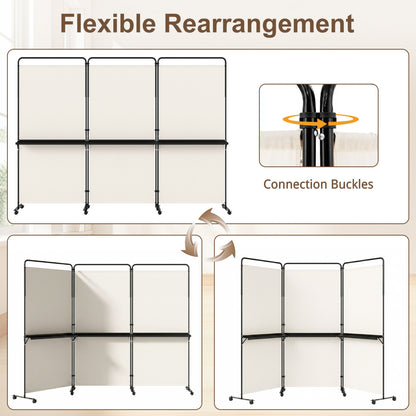 3-Panel Room Divider with Shelves 6 FT Tall Folding Privacy Screen with Lockable Wheels