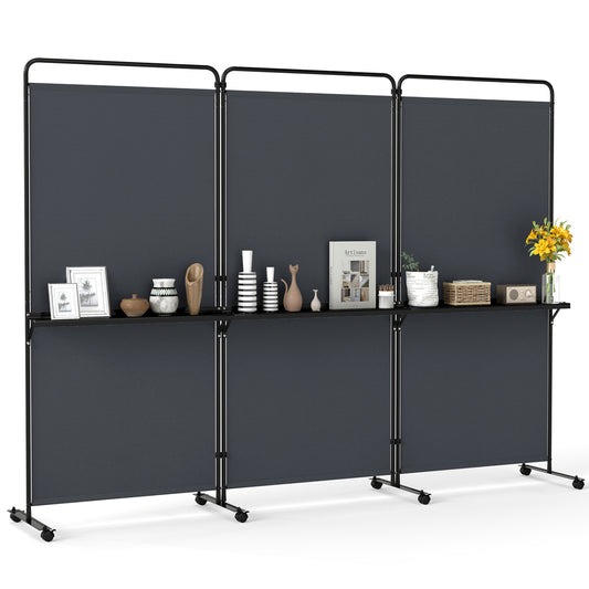 3-Panel Room Divider with Shelves 6 FT Tall Folding Privacy Screen with Lockable Wheels