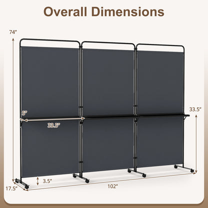 3-Panel Room Divider with Shelves 6 FT Tall Folding Privacy Screen with Lockable Wheels