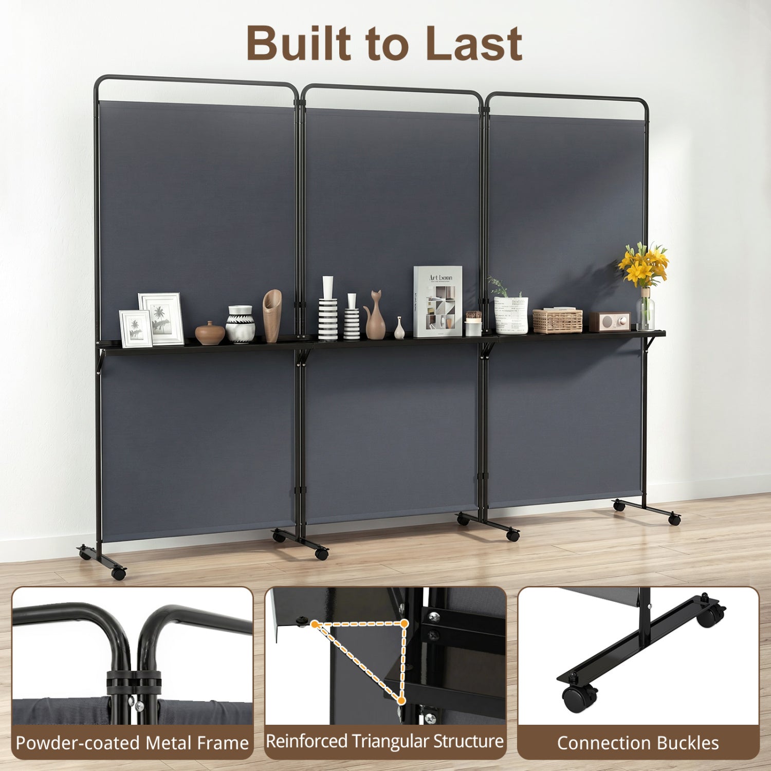 3-Panel Room Divider with Shelves 6 FT Tall Folding Privacy Screen with Lockable Wheels
