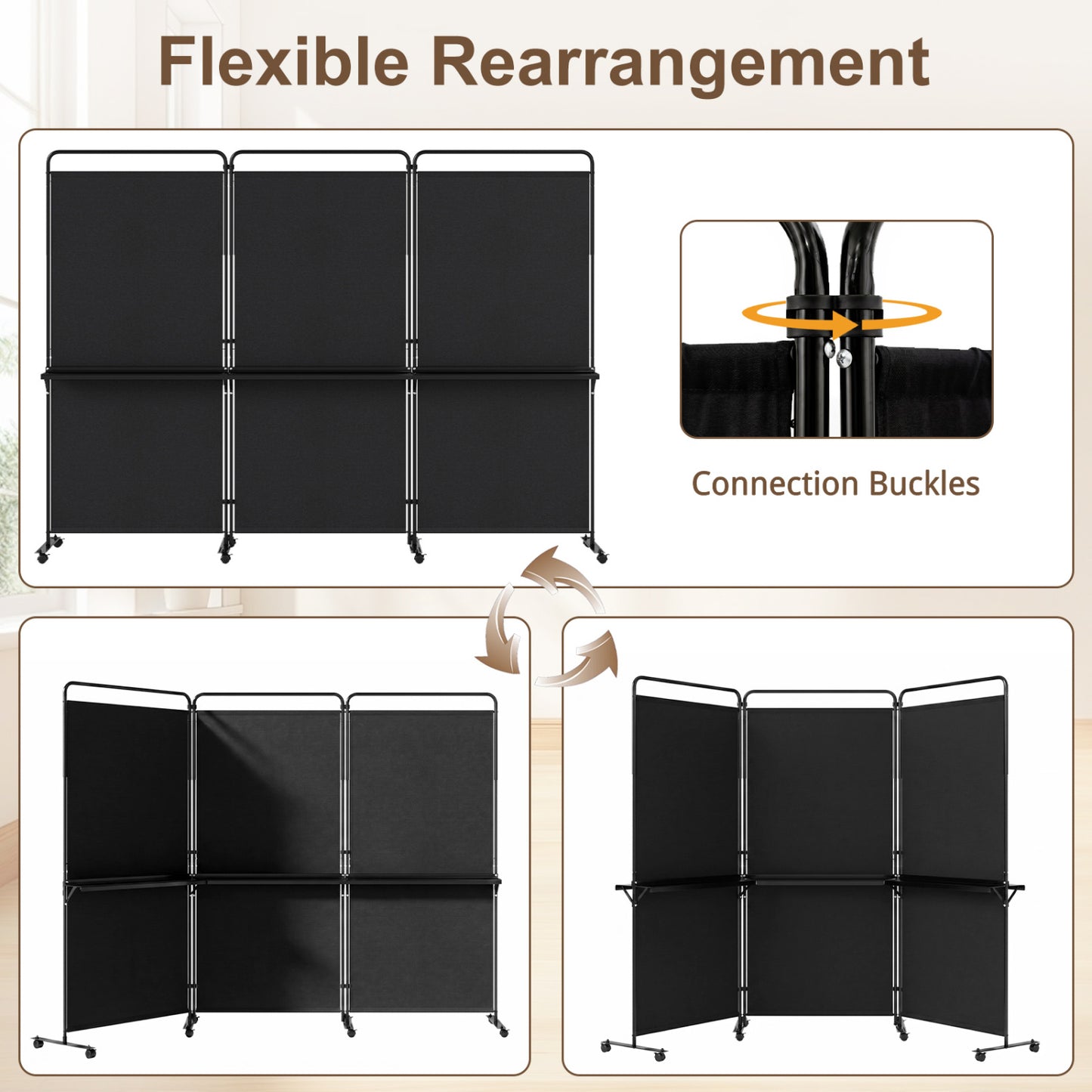 3-Panel Room Divider with Shelves 6 FT Tall Folding Privacy Screen with Lockable Wheels
