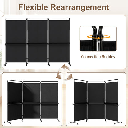 3-Panel Room Divider with Shelves 6 FT Tall Folding Privacy Screen with Lockable Wheels