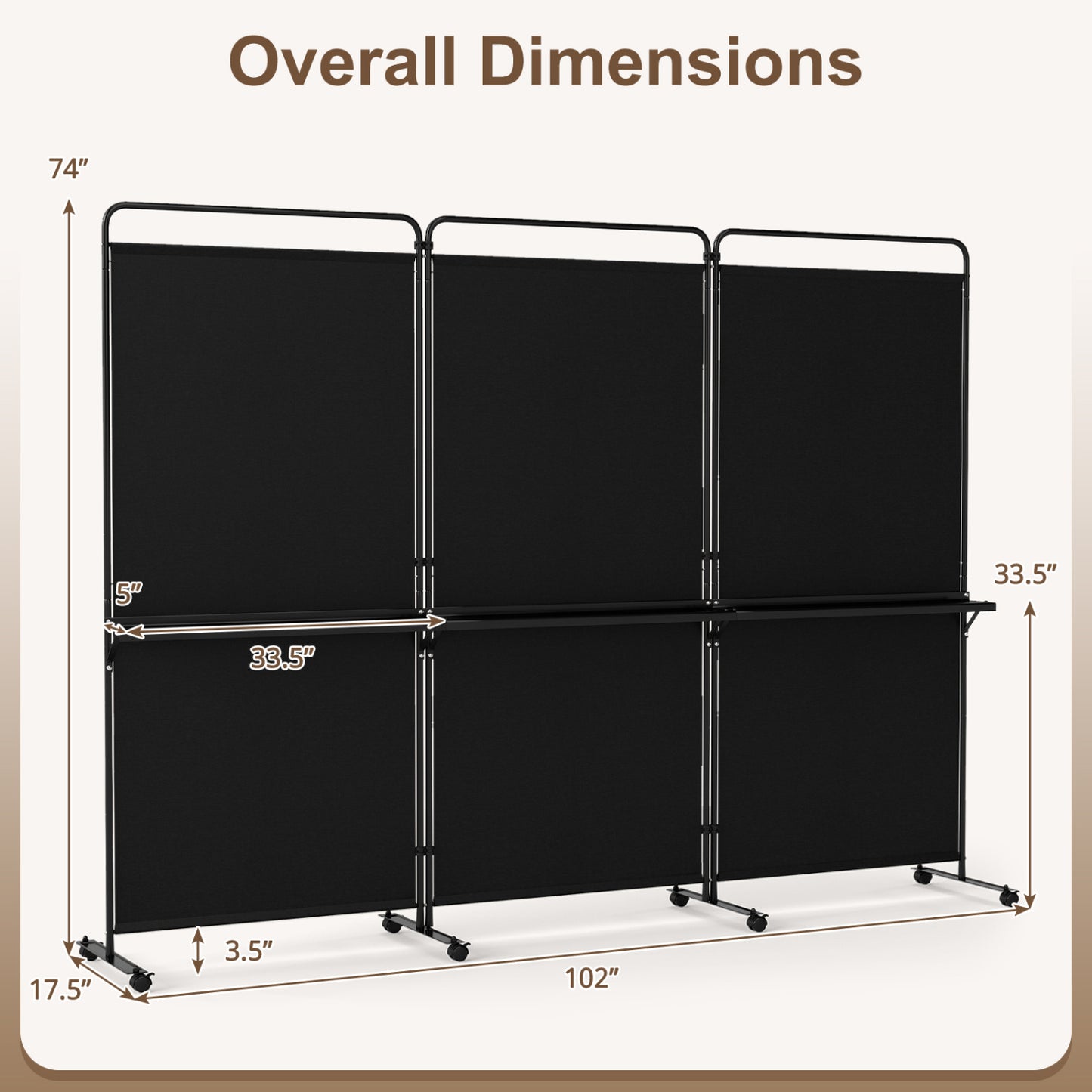 3-Panel Room Divider with Shelves 6 FT Tall Folding Privacy Screen with Lockable Wheels
