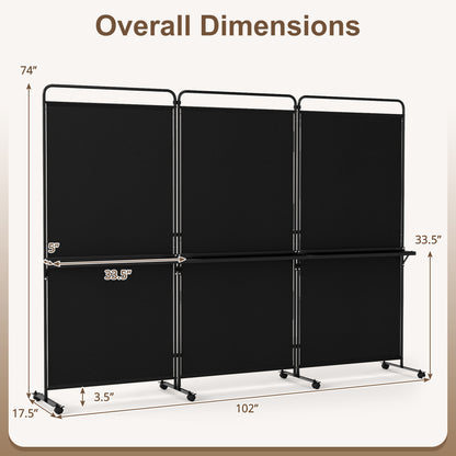3-Panel Room Divider with Shelves 6 FT Tall Folding Privacy Screen with Lockable Wheels