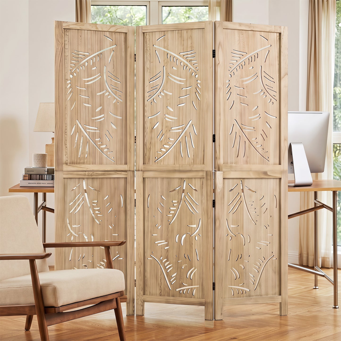 3-Panel Room Divider with Palm Leaf Design - 67" Tall