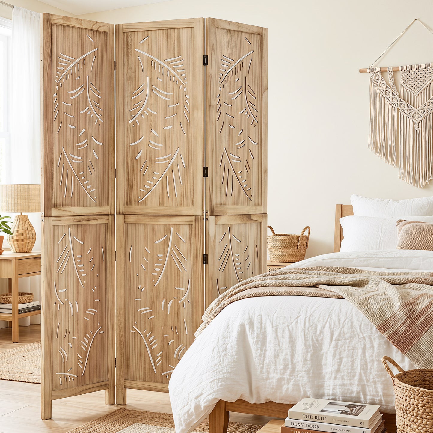3-Panel Room Divider with Palm Leaf Design - 67" Tall