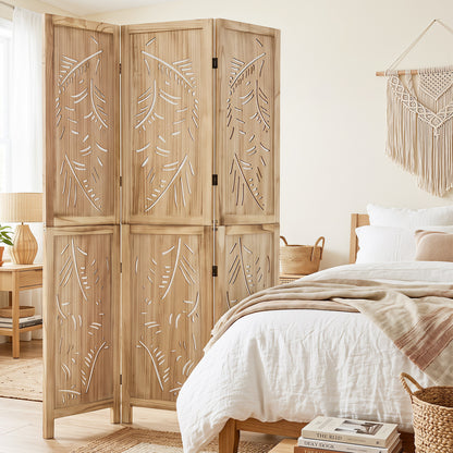3-Panel Room Divider with Palm Leaf Design - 67" Tall
