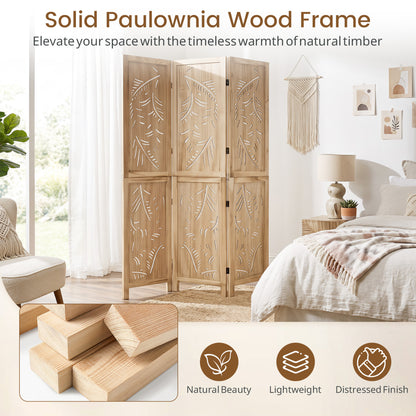 3-Panel Room Divider with Palm Leaf Design - 67" Tall