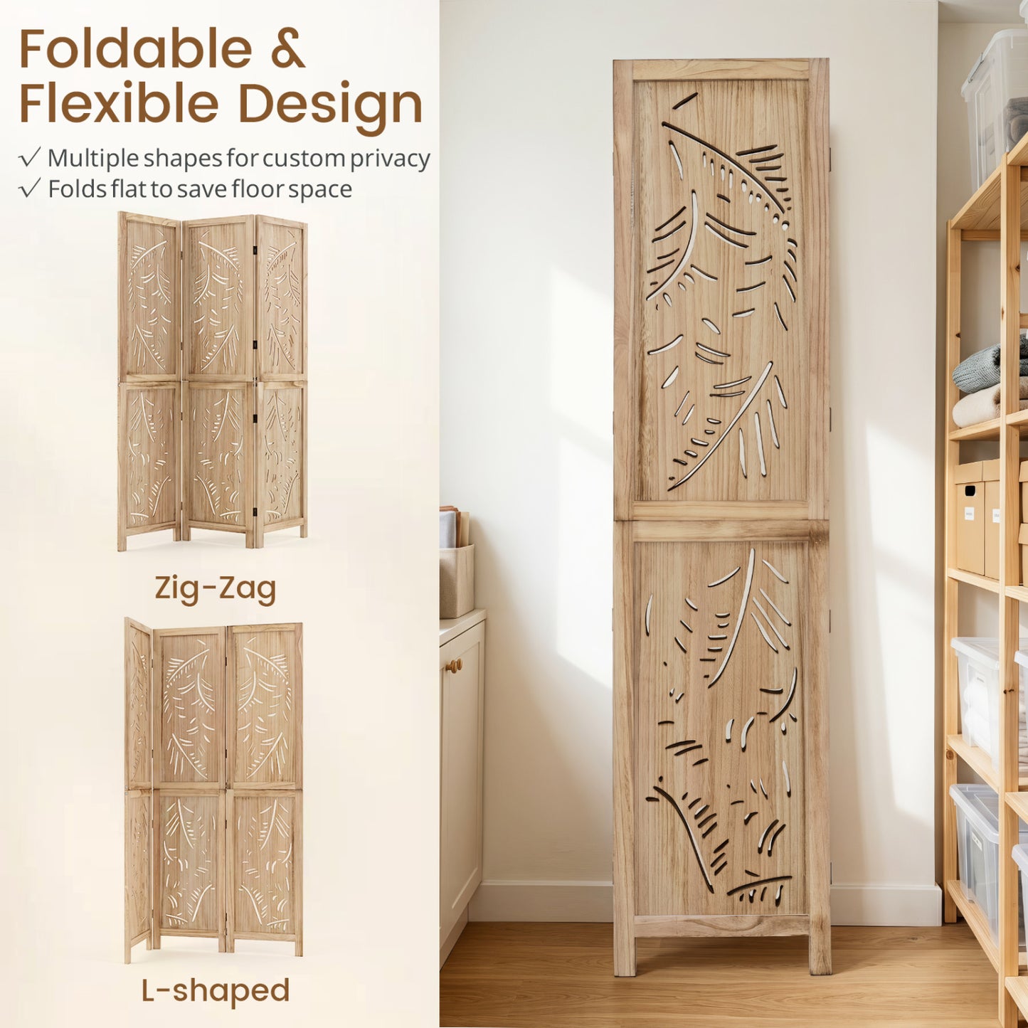 3-Panel Room Divider with Palm Leaf Design - 67" Tall