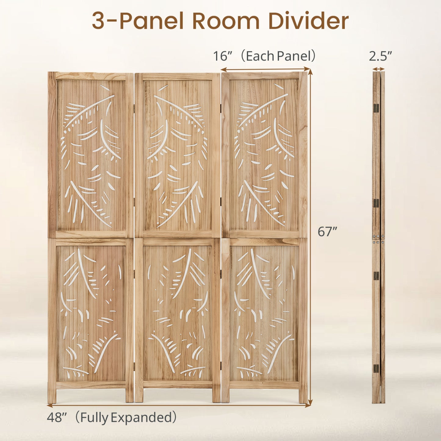 3-Panel Room Divider with Palm Leaf Design - 67" Tall