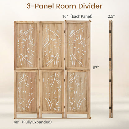 3-Panel Room Divider with Palm Leaf Design - 67" Tall