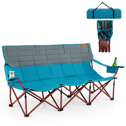 3 Person Folding Camping Chair with 2 Cup Holders Cotton Padding & Storage Bag-Green - Blue