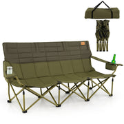 3 Person Folding Camping Chair with 2 Cup Holders Cotton Padding & Storage Bag-Green